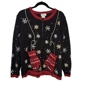 VintageFeeling Handknit Christmas Cardigan Womens Mittens Winter Granny Ugly